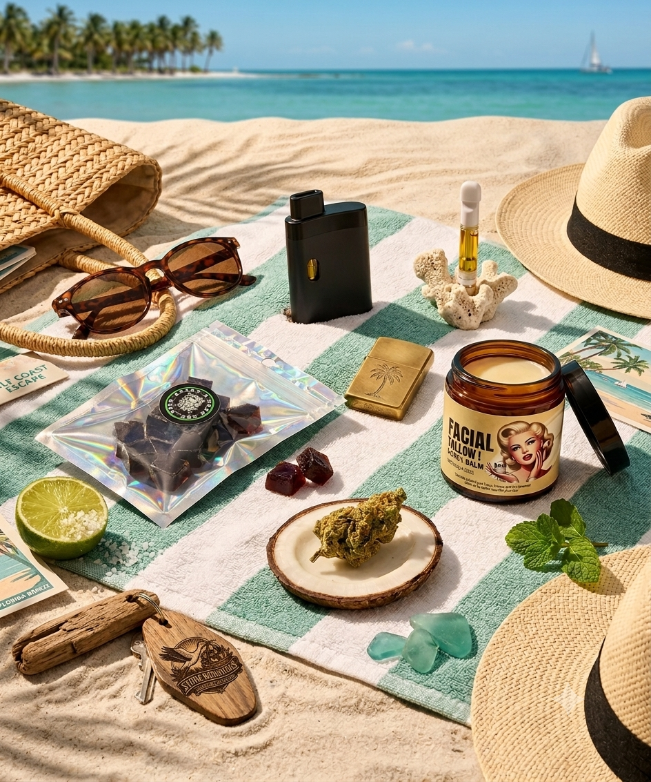 Stork Botanicals products on a beach