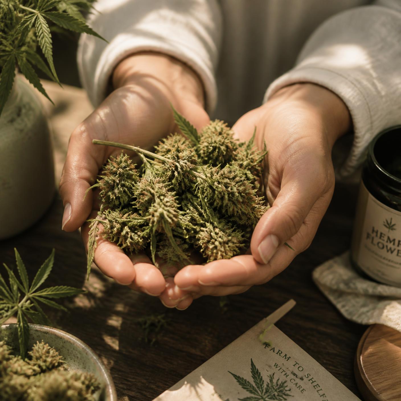 Hands holding fresh hemp flower